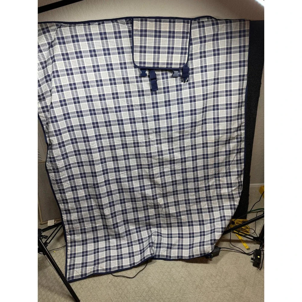Ralph Lauren Fragrances Navy Blue Plaid Picnic Blanket with Carry Handle Logo